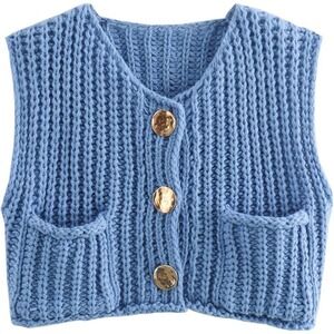 ZARA Blue Knit Vest Cardigan Button Front Pockets‎ Size S x2